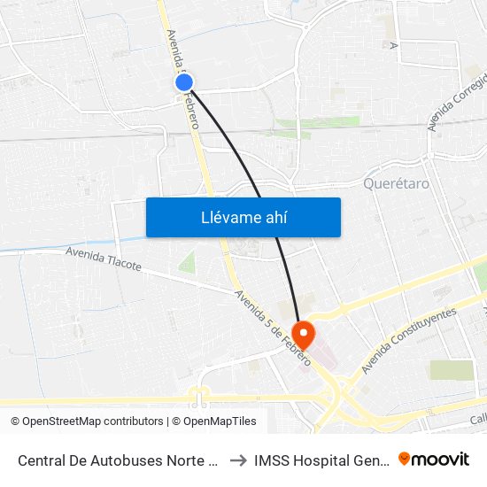 Central De Autobuses Norte (5 De Febrero Y Epigmenio González) to IMSS Hospital General Regional 1 Querétaro map