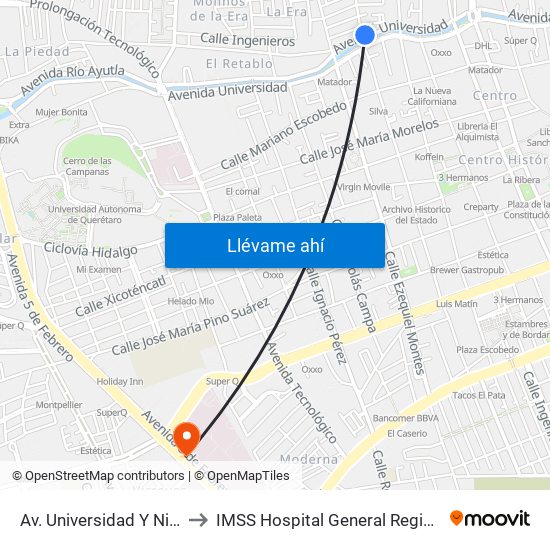 Av. Universidad Y Nicolas Bravo to IMSS Hospital General Regional 1 Querétaro map