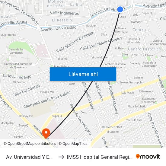 Av. Universidad Y Emilio Carranza to IMSS Hospital General Regional 1 Querétaro map