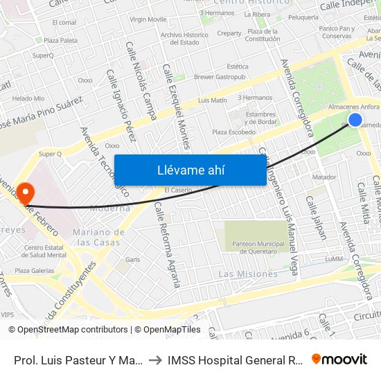 Prol. Luis Pasteur Y Manuel Gomez Morin to IMSS Hospital General Regional 1 Querétaro map