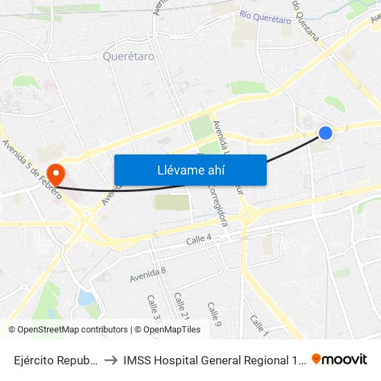 Ejército Republicano to IMSS Hospital General Regional 1 Querétaro map