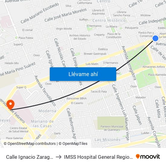 Calle Ignacio Zaragoza, 109_4 to IMSS Hospital General Regional 1 Querétaro map