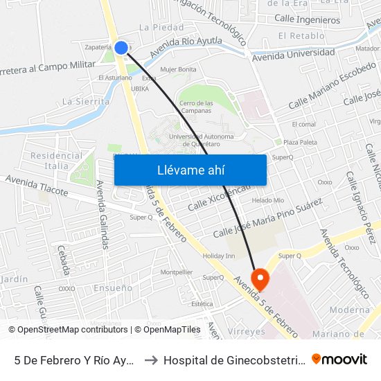 5 De Febrero Y Río Ayutla to Hospital de Ginecobstetricia map