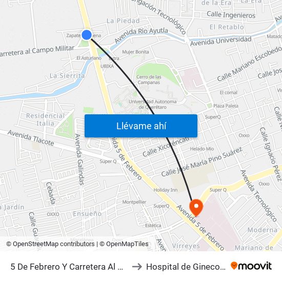 5 De Febrero Y Carretera Al Campo Militar to Hospital de Ginecobstetricia map