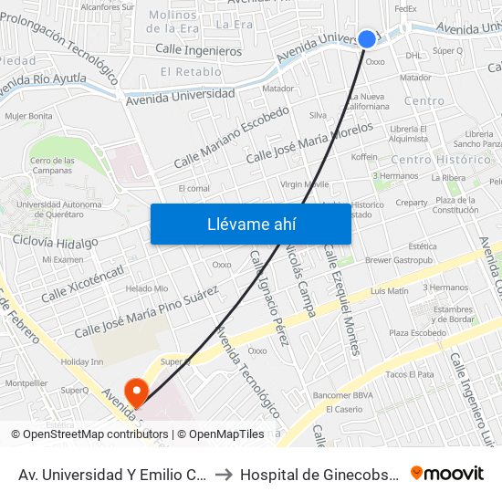 Av. Universidad Y Emilio Carranza to Hospital de Ginecobstetricia map