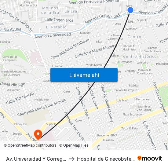 Av. Universidad Y Corregidora to Hospital de Ginecobstetricia map