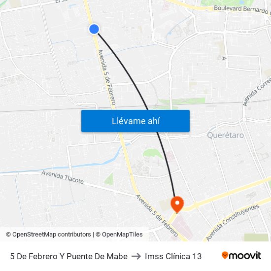 5 De Febrero Y Puente De Mabe to Imss Clínica 13 map