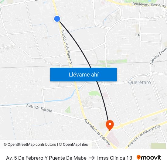 Av. 5 De Febrero Y Puente De Mabe to Imss Clínica 13 map