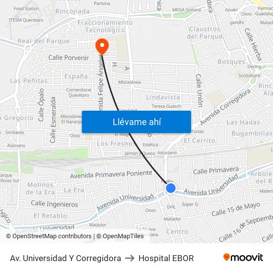 Av. Universidad Y Corregidora to Hospital EBOR map