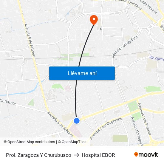 Prol. Zaragoza Y Churubusco to Hospital EBOR map