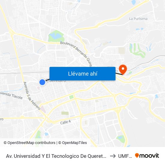 Av. Universidad Y El Tecnologico De Queretaro to UMF 2 map