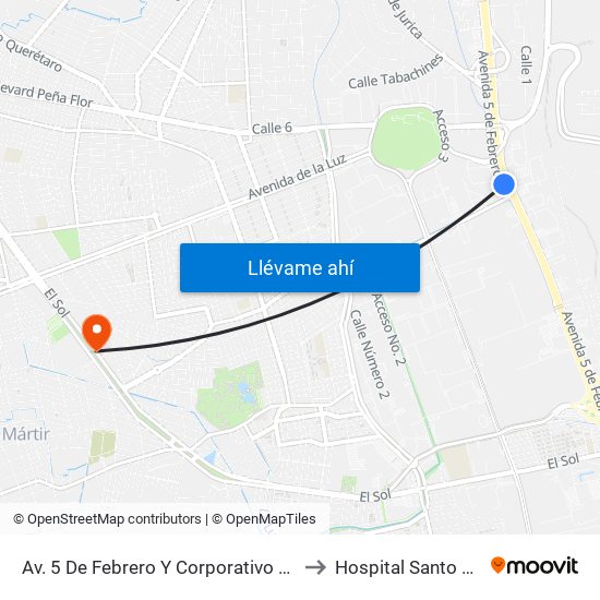 Av. 5 De Febrero Y Corporativo Santander to Hospital Santo Tomás map