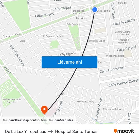 De La Luz Y Tepehuas to Hospital Santo Tomás map