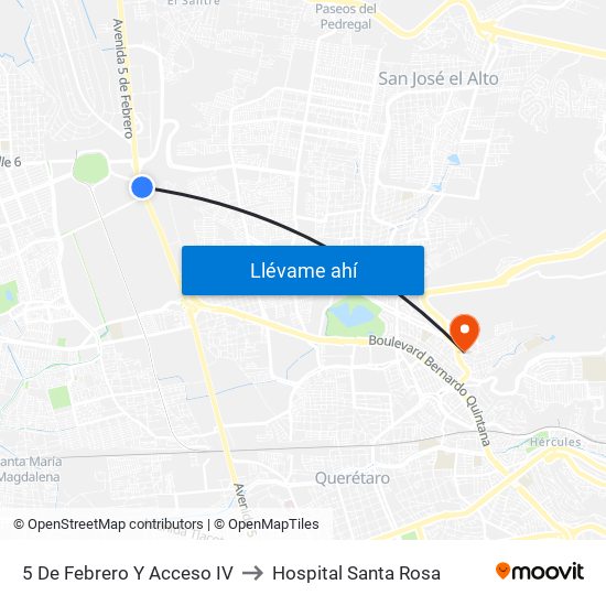 5 De Febrero Y Acceso IV to Hospital Santa Rosa map