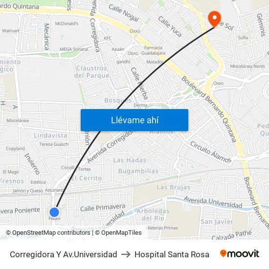 Corregidora Y Av.Universidad to Hospital Santa Rosa map
