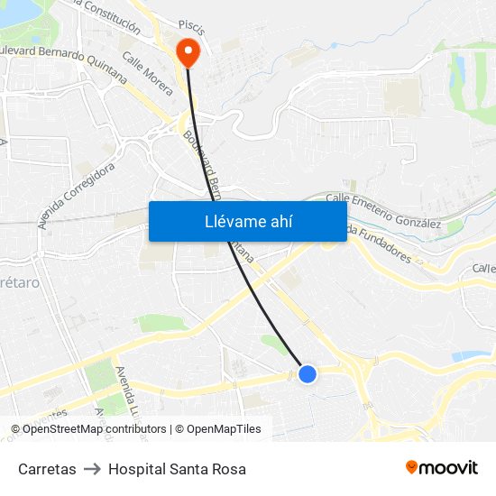 Carretas to Hospital Santa Rosa map