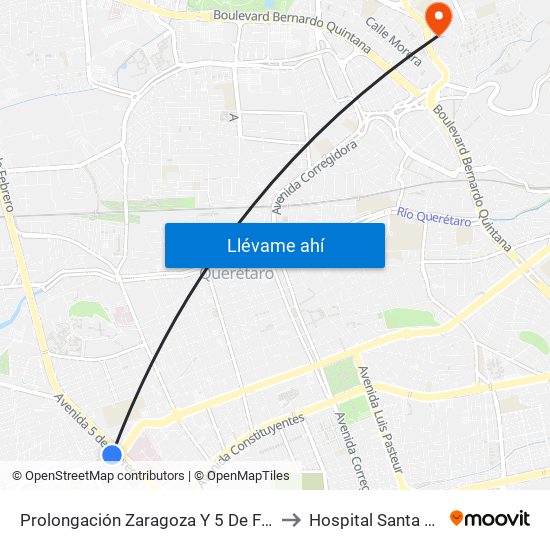 Prolongación Zaragoza Y 5 De Febrero to Hospital Santa Rosa map