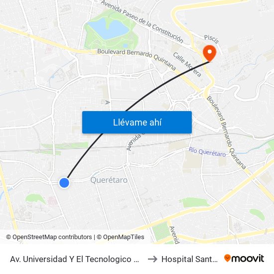 Av. Universidad Y El Tecnologico De Queretaro to Hospital Santa Rosa map