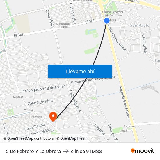 5 De Febrero Y La Obrera to clinica 9 IMSS map