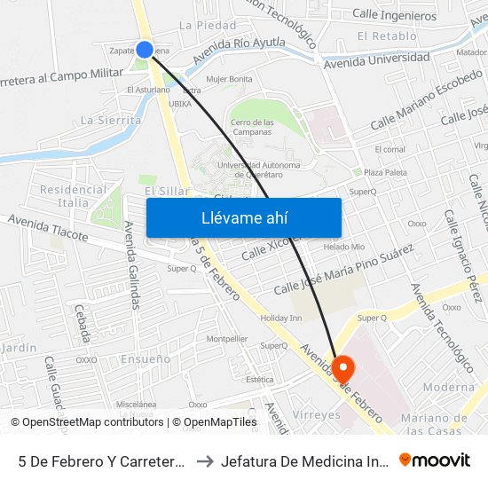 5 De Febrero Y Carretera Al Campo Militar to Jefatura De Medicina Interna HGR 1 IMSS map