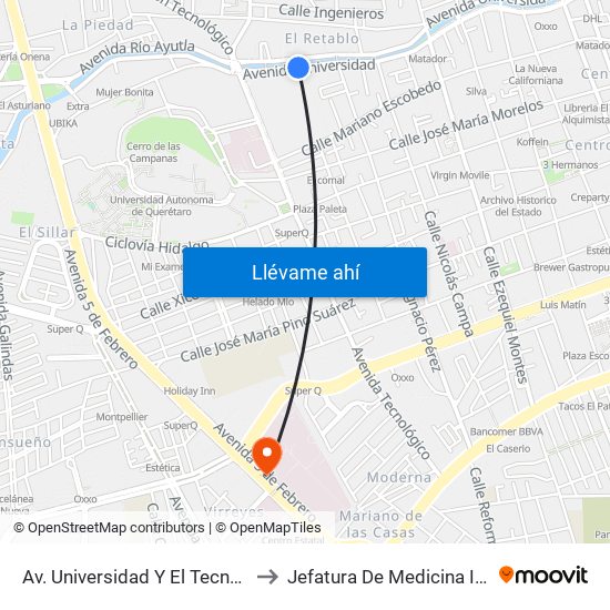 Av. Universidad Y El Tecnologico De Queretaro to Jefatura De Medicina Interna HGR 1 IMSS map