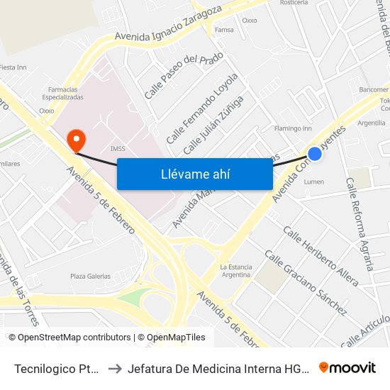 Tecnilogico Pte-Ote to Jefatura De Medicina Interna HGR 1 IMSS map