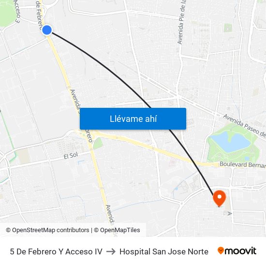 5 De Febrero Y Acceso IV to Hospital San Jose Norte map