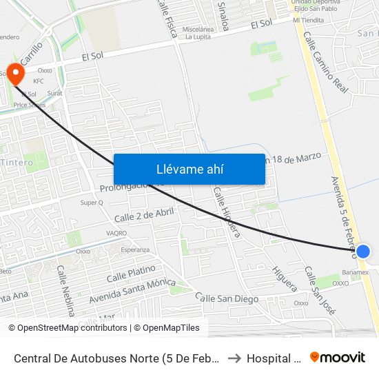 Central De Autobuses Norte (5 De Febrero Y Epigmenio González) to Hospital San José map