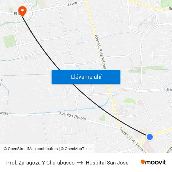 Prol. Zaragoza Y Churubusco to Hospital San José map