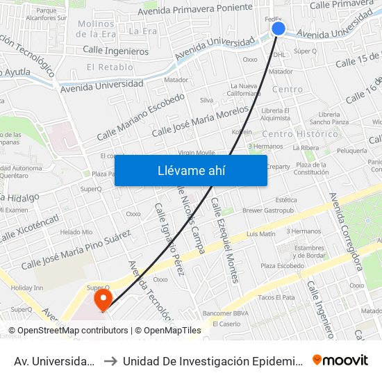 Av. Universidad Y Corregidora to Unidad De Investigación Epidemiológica Y En Servicios De Salud map