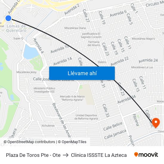 Plaza De Toros Pte - Ote to Clinica ISSSTE La Azteca map