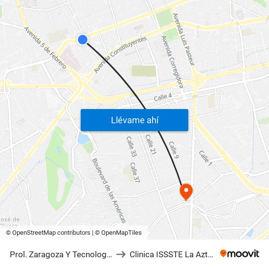 Prol. Zaragoza Y Tecnologico to Clinica ISSSTE La Azteca map