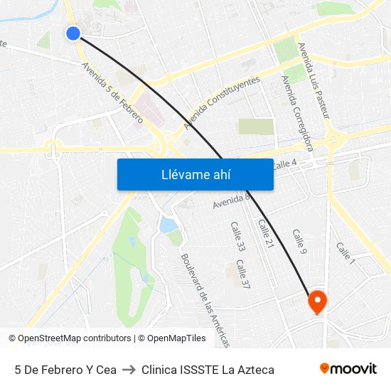 5 De Febrero Y Cea to Clinica ISSSTE La Azteca map