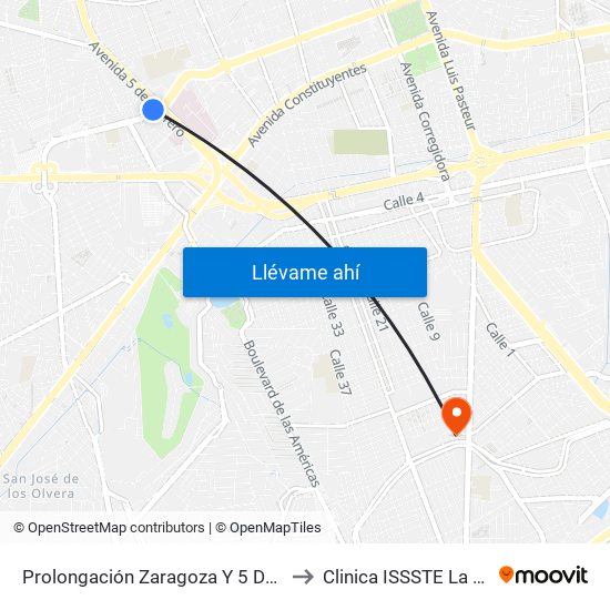 Prolongación Zaragoza Y 5 De Febrero to Clinica ISSSTE La Azteca map