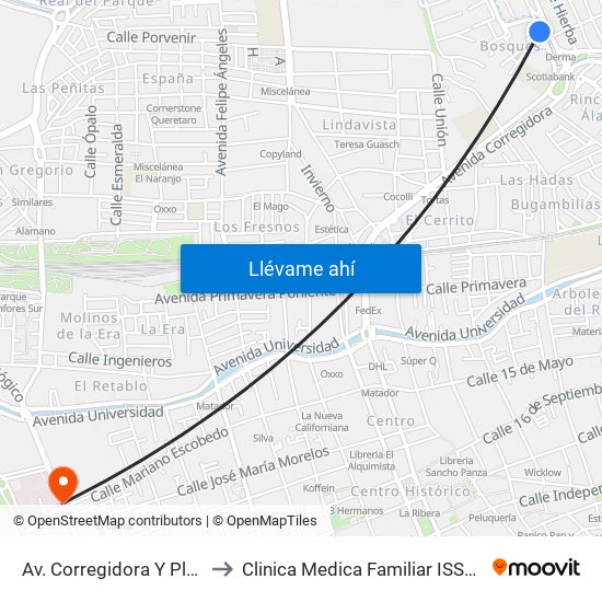 Av. Corregidora Y Plaza Dorada to Clinica Medica Familiar ISSSTE Queretaro map