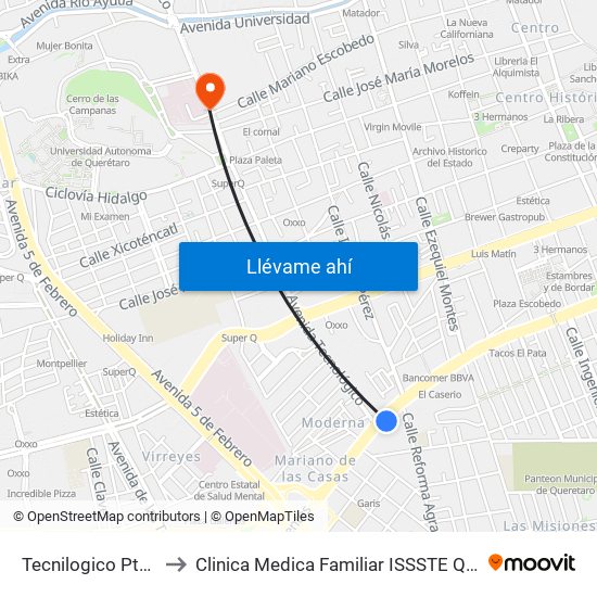 Tecnilogico Pte-Ote to Clinica Medica Familiar ISSSTE Queretaro map