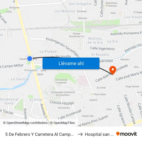 5 De Febrero Y Carretera Al Campo Militar to Hospital san jose map