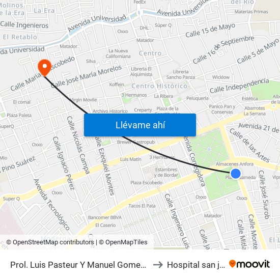 Prol. Luis Pasteur Y Manuel Gomez Morin to Hospital san jose map