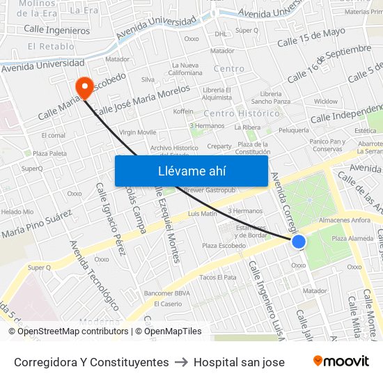 Corregidora Y Constituyentes to Hospital san jose map