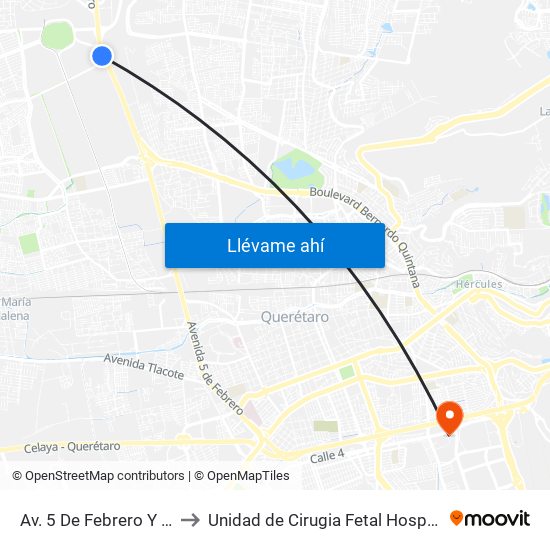 Av. 5 De Febrero Y Corporativo Santander to Unidad de Cirugia Fetal Hospital de Especialidades. HENM. Qro map