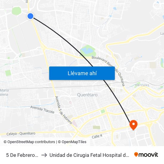 5 De Febrero Y Acceso IV to Unidad de Cirugia Fetal Hospital de Especialidades. HENM. Qro map