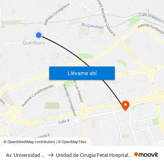 Av. Universidad Y Emilio Carranza to Unidad de Cirugia Fetal Hospital de Especialidades. HENM. Qro map