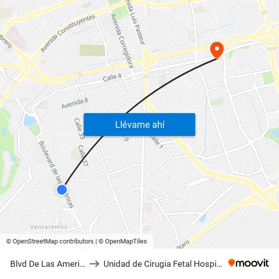 Blvd De Las Americas Y Enrique Bordes to Unidad de Cirugia Fetal Hospital de Especialidades. HENM. Qro map