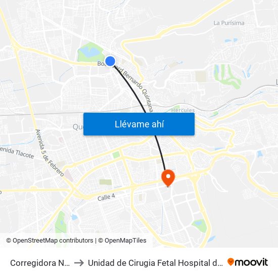 Corregidora Norte Y Morera to Unidad de Cirugia Fetal Hospital de Especialidades. HENM. Qro map