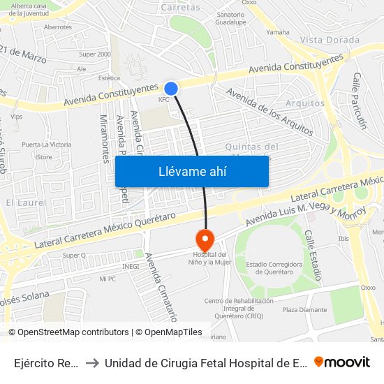 Ejército Republicano to Unidad de Cirugia Fetal Hospital de Especialidades. HENM. Qro map