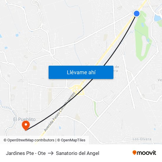 Jardines Pte - Ote to Sanatorio del Angel map