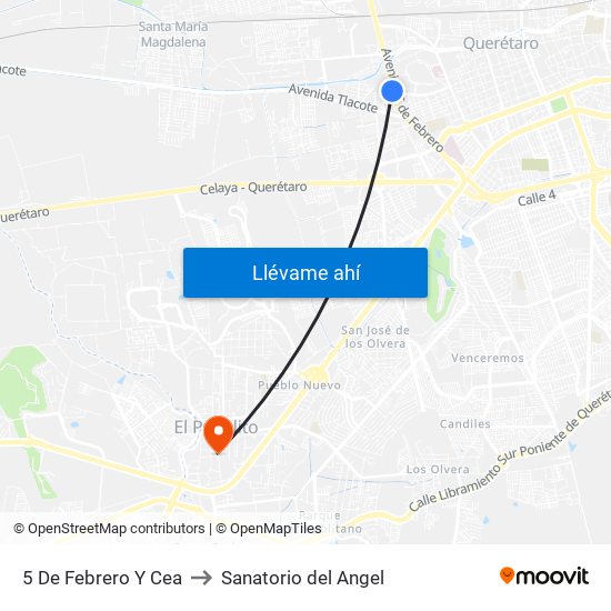 5 De Febrero Y Cea to Sanatorio del Angel map