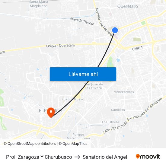 Prol. Zaragoza Y Churubusco to Sanatorio del Angel map