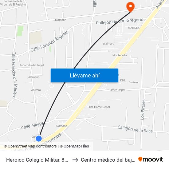 Heroico Colegio Militar, 86b to Centro médico del bajio map