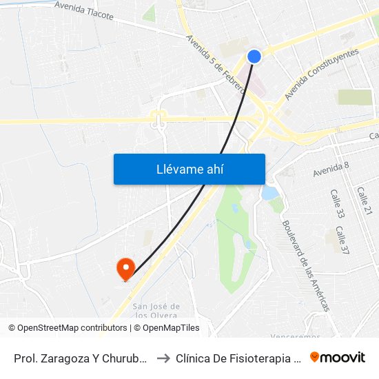 Prol. Zaragoza Y Churubusco to Clínica De Fisioterapia UAQ map